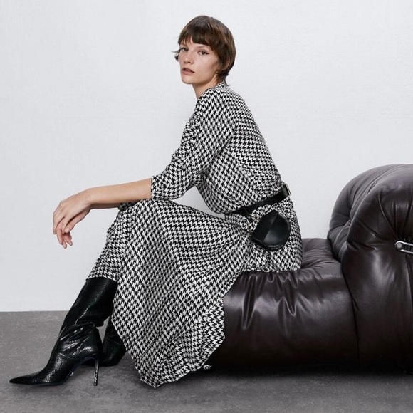 Zara satin houndstooth box pleat maxi skirt black white - Picture 4 of 9